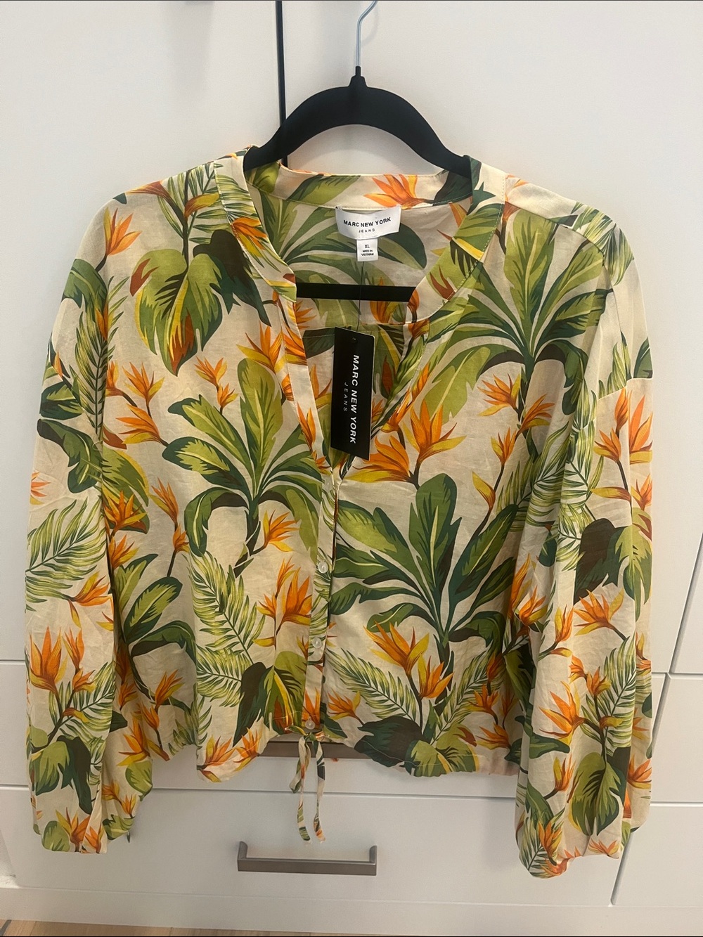 Marc New York Cream Tropical Leaf Print Button-Up Blouse with Orange Accents